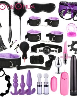 BDSM Kits Adults Sex Toys For Women Men Handcuffs Nipple Clamps Whip Spanking Sex Metal Anal Plug Vibrator Butt Bdsm Bondage Set